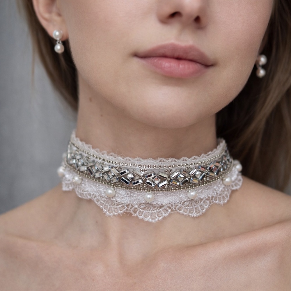 Choker Artisan Collar Handmade Bridal Crystal Accent Lace Necklace Wedding OOAK